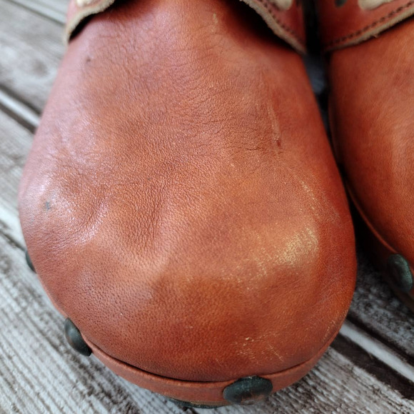 Dr. Scholl's | RARE Vintage Orange-Red Leather Studded Wooden Clogs Cotton Braid - Picture 7 of 16